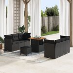 Canap� de jardin 9 pi�ces avec coussins noir rotin poly acacia, salle a manger de jardin 3 pi�ces avec ...