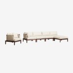 Canap de jardin d'angle modulable 4 pices avec pouf et fauteuil en bois d'acacia brayan beige crme ...