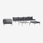 Canap de jardin d'angle modulable 4 pices avec pouf, fauteuil et table basse roubly gris graphite