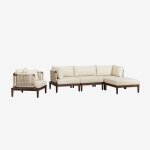 Ensemble de jardin avec canap� modulaire 3 pi�ces avec 2 fauteuils d'angle, pouf et fauteuil en acacia ...