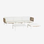 Canapé de jardin modulable 3 pièces avec 2 fauteuils d'angle, pouf et table basse roubly beige amande ... Canapé de jardin modulable 3 pièces avec 2 fauteuils d'angle, pouf et table basse roubly beige amande ...