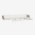 Canapé de jardin modulable 4 pièces avec 2 fauteuils d'angle, pouf et table basse roubly beige amande ... Canapé de jardin modulable 4 pièces avec 2 fauteuils d'angle, pouf et table basse roubly beige amande ...