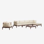 Canap de jardin modulable 4 pices avec 2 fauteuils d'angle, table basse, pouf et fauteuil en bois d'acacia ...