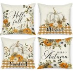 Cauc - lot de 4 pices housses de coussin dco automne 50x50 cm, orange citrouille fleurs taure d'oreiller ...