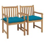 Chaises de jardin 2 pcs avec coussins bleu clair bois de teck