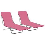 Chaises longues pliables 2 pi�ces acier et tissu rose helloshop26 02 0011937