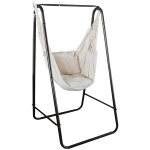 Chaise suspendue jardin avec support et coussin acier noir coton beige