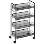 Chariot de service desserte de cuisine a roulettes 4 paniers mtalliques amovibles 4 crochets acier noir ...