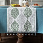 Chemin de table en lin et coton de 72 pouces de long, chemin de table de printemps, feuilles vertes de ...