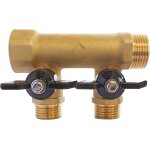 Collecteur laiton avec 2 mini - vannes intgres, entre femelle 20 / 27, sorties mles 20 / 27 et 15 ...