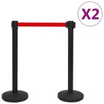 Colonnes avec bandes 4 pcs barrière d'aéroport fer noir Colonnes avec bandes 4 pcs barrière d'aéroport fer noir