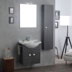 Composition lavabo avec miroir et led clair + colonne en chene fonce