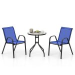 Costway 3 pices ensemble table ronde et 2 chaises empilables de jardin extrieur, plateau en verre tremp, ...