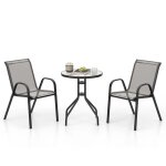 Costway 3 pices ensemble table ronde et 2 chaises empilables de jardin extrieur, plateau en verre tremp, ...
