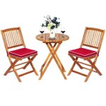 Costway 3pcs salon de jardin pliable en bois d'acacia - 1 table, 2 chaises, 2 coussins rouge amovibles ...