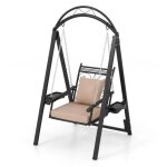 Costway balancelle de jardin, portique avec motif feuilles, coussins inclus. - mini tables latrales ...