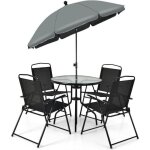 Costway ensemble salon de jardin 6 pcs, 4 chaises pliantes table basse en verre et parasol, pour terrasse, ...
