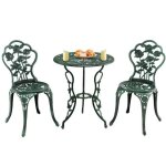 Costway ensemble table et 2 chaises de patio en fonte aluminium, forme de rose, trou pour parasol, pour ...