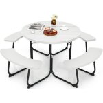 Costway ensemble de table ronde de pique - nique et 4 bancs, pour 8 personnes, trou pour parasol, pour ...
