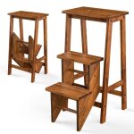 Costway escabeau pliable - 3 marches convetible  tabouret en bois d'hva portable 57 x 41 x 76 cm (l ...