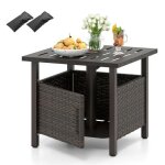 Costway table carre de jardin extrieur en osier pe, trou pour parasol de 4, 9cm, cadre antirouille, ...
