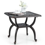 Costway table de jardin carre 53 cm en fonte d'aluminium, table d'appoint avec etagre de rangement, ...