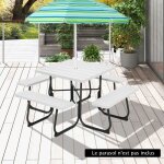Costway table de pique - nique ronde avec 4 bancs pour 8 personnes, trou pour parasol, table de camping ...