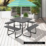 Costway table de pique - nique ronde avec 4 bancs pour 8 personnes, trou pour parasol, table de camping ...