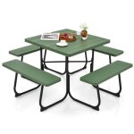 Costway table de pique - nique ronde avec 4 bancs int�gr�s pour 8 personnes, trou pour parasol, pour ...