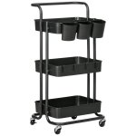 Desserte de cuisine - 3 etag�res avec rebords - 4 crochets, 3 pots suspendus - acier abs noir