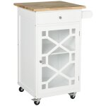 Desserte de cuisine a roulettes - tiroir, placard, porte - serviette - mdf blanc plateau bois h�v�a