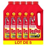 Destop lot de 5 gels dsinfectant et dboucheur canalisation turbo 5 min - 4 doses - 1l
