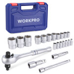 Douille workpro 22 pieces avec cle a cliquet 1 / 4, 3 / 8, 1 / 2 (72 dents), 3 barre d'extension, boite ...