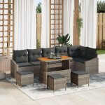 Ensemble de 10 pi�ces de canap� de jardin avec coussins gris rotin poly acacia, canap� de jardin 2 places ...