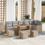 Ensemble de 10 pi�ces avec coussins beige en poly rotin, canap� 2 places avec rangement et coussins beige ...