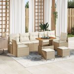 Ensemble de 10 pi�ces de sofa de jardin avec coussins beige rattan poly acacia, sofa de jardin 2 places ...