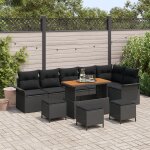 Ensemble de 10 pi�ces de sofa de jardin avec coussins en poly rotin noir acacia, sofa de jardin 2 places ...