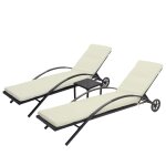 Ensemble de 2 chaises longues de jardin transat bain de soleil avec petite table en polyrotin noir coussins ...