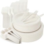 Ensemble de 250 assiettes et couverts jetables, kit de vaisselle en bagasse compostable comprenant des ... Ensemble de 250 assiettes et couverts jetables, kit de vaisselle en bagasse compostable comprenant des ...