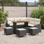 Ensemble de 9 pices de canaps de jardin avec coussins noir rotin poly acacia, canap de jardin 2 places ...
