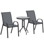 Ensemble bistro de jardin 3 pi�ces - 2 chaises, table ronde plateau verre - acier textil�ne anthracite ...