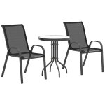 Ensemble bistro de jardin 3 pi�ces - 2 chaises, table ronde plateau verre - acier textil�ne noir