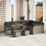 Ensemble de canap� de jardin 13 pi�ces avec coussins gris rattan poly acacia, canap� de jardin 2 places ...