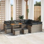 Ensemble de canap� de jardin 13 pi�ces avec coussins grises en rattan poly et acacia, ensemble de salle ...