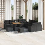 Ensemble de canap�s de jardin 13 pi�ces avec coussins noir rotin poly acacia, canap� de jardin 2 places ...
