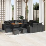 Ensemble de canap�s de jardin de 14 pi�ces avec coussins en rotin poly noir acacia, ensemble de salle ...