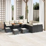 Ensemble de canapé de jardin 14 pièces avec coussins en rotin synthétique noir et acacia Ensemble de canapé de jardin 14 pièces avec coussins en rotin synthétique noir et acacia