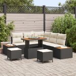 Ensemble de canap� de jardin de 8 pi�ces avec coussins noir poly rotin acacia, ensemble de salle a manger ...