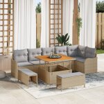 Ensemble de canap� de jardin a 9 pi�ces avec coussins beige poly rattan acacia, canap� de jardin 2 places ...