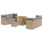 Ensemble de canap� de jardin 9 pi�ces avec coussins beige rotin poly acacia, ensemble de salle a manger ...